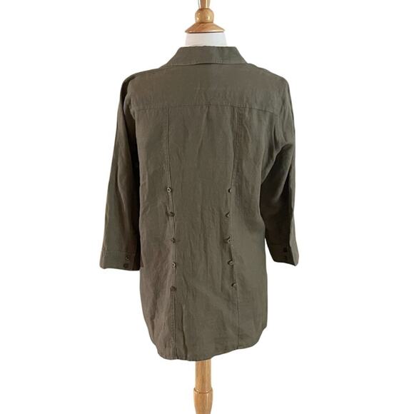Zoe D. Olive Green Linen 3/4 Sleeve V-Neck Button Down Tunic / Long Shirt Size M - Picture 3 of 15